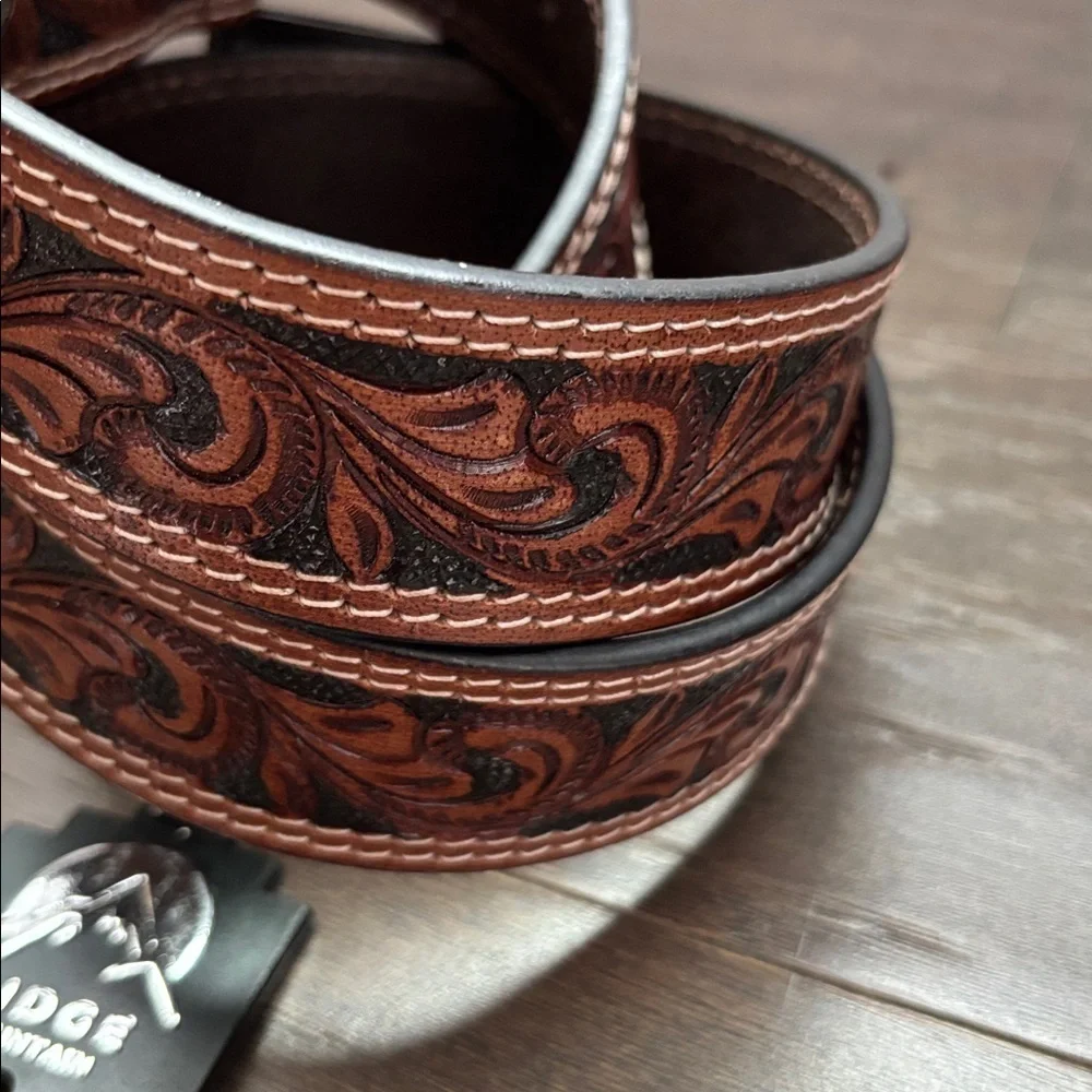 Ridge Mountain Genuine tooled leather,double stitch,antique silver buckle Wester